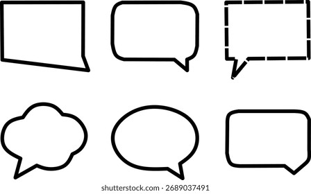 Vector line art illustration of various speech bubble shapes for chat, conversation, and communication design. Perfect for doodle, comic, or message templates.