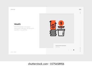 vector line art illustration wealth icon wrapped with a website landing page template. soft and smooth color design