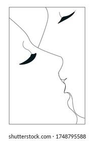 Vector line art illustration of woman and man kissing. Simple minimalistic drawing in black and white colors