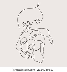 Vector line art illustration woman and dog hugs together. Friendship between human and dog