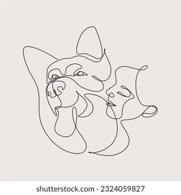 Vector line art illustration woman and dog hugs together. Friendship between human and dog