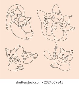 Vector line art illustration woman and dog hugs together. Friendship between human and dog
