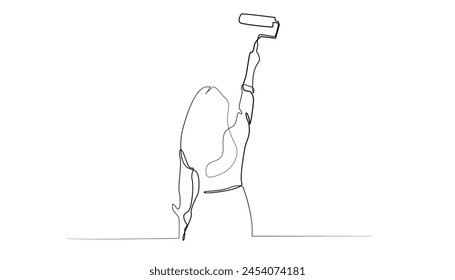 Ilustración de arte de línea de Vector de mujer pintando con rollo. Línea simple de Vector Vector de mujer joven pintando paredes.