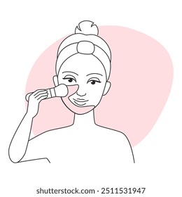 Vector line art illustration of a woman applying makeup as part of a skincare routine.