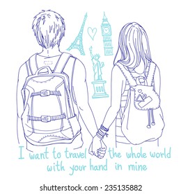 Vector line art illustration    young couple backpackers holding hands  back view  and famous landmarks   hand written words 
