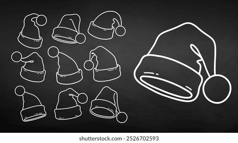 Vector line art illustrations collection of Santa Hats on chalkboard background