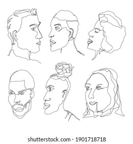 Vector line art illustrations. Continuous line drawings of faces. Diverse abstract contemporary portraits. Individually isolated on white background. Design elements set.