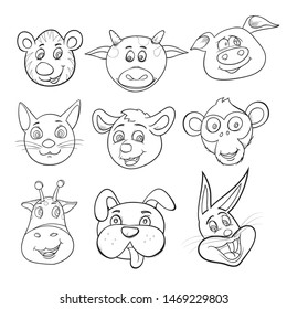 Vector line art illustrations set of cute animal face.The image is freely separated from the white background.