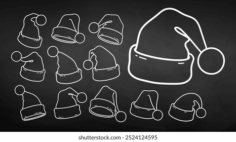 Vector line art illustrations set of Santa Hats on chalkboard background