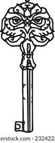 Vector line art image of key with owl head decorative element 
