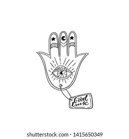 Vector line art  Indian hand Hamsa or hand of Fatima with third eye,good luck. Esoteric spiritual ethnic.Tattoo,coloring,t-shirt design