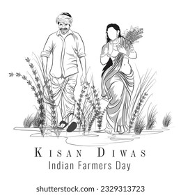 Vector line art of Indian villagers, Illustration of Indian farmers, Man and woman working on their field