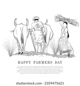 Vector line art of Indian Villagers, Vector illustration of Indian Farmers, Wife and husband working on their agriculture field