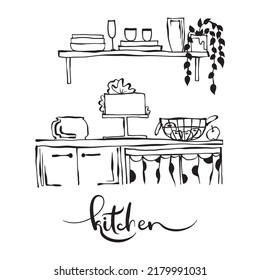 Vector line art interior illustration Kitchen. Home sketch for postcard, poster, design etc.