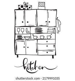 Vector line art interior illustration Kitchen. Home sketch for postcard, poster, design etc.
