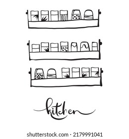 Ilustración interior de arte en línea vectorial Kitchen. Esbozo doméstico para postales, afiches, diseño, etc.