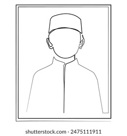 vector line art of islamic boy in frame.drawing of one line portrait of muslim boy.one single vector portrait of boy with cap and koko shirt