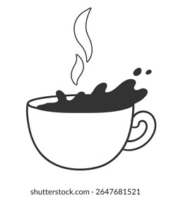 Vector line art isolated illustration of a cup with hot coffee splash and steam in black and white. 