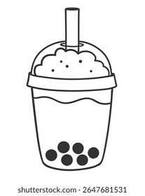 Ilustração isolada da arte da linha do vetor da bebida do chá da bolha com pérolas da tapioca em preto e branco. 