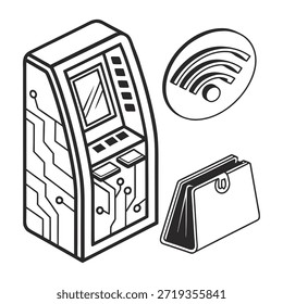 Vector line art of isometric ATM machine, wallet, and wireless payment signal icon
