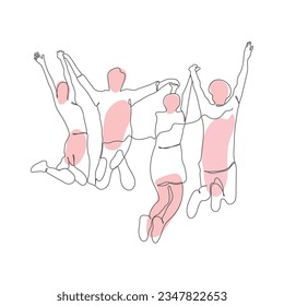 Vector line art jumping people. jumping people continuous line drawing. single line art 4 jumping man. happy moment jumping

