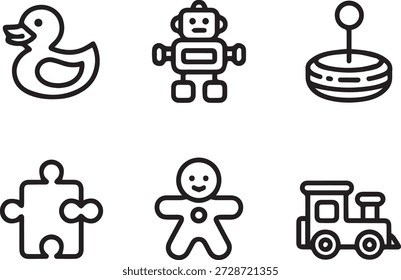 Arte de linha vetorial de crianças brincando com brinquedos e itens. Estilo de contorno mínimo, perfeito para materiais educacionais, designs infantis, aplicativos, jogos e ilustrações.