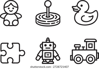Vector arte de línea de los niños que juegan con juguetes y artículos. Estilo de contorno mínimo, perfecto para materiales educativos, diseños infantiles, App, juegos e ilustraciones.