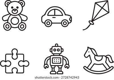 Vector line art of kids playing with toys and items. Minimal outline style, perfect for educational materials, kids’ designs, apps, games, and illustrations.