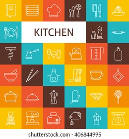 Vector Line Art Kitchenware and Cooking Utensils Icons Set. Vector Set of Modern Thin Outline Kitchen Appliances over Colorful Squares.