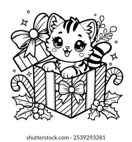 Vector line art of a kitten peeking out of a box in a Christmas, New Year's style