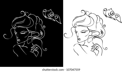 Vector line art lady design black and white versions