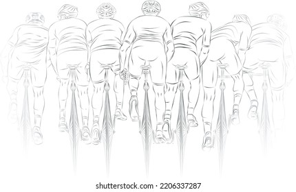 Vector line art of a large group of road cyclists riding in a tight formation, viewed from behind. Detailed outline of helmets, cycling kits, and bikes. Dynamic peloton concept. Black lines