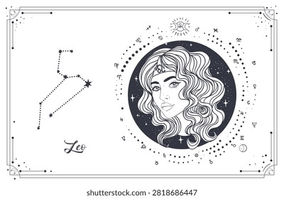 Vector line art of Leo zodiac woman with sacred geometry and celestial star map. Mystical astrology illustration connected with horoscope symbolism, new age spirituali energy.