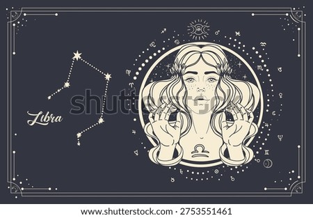 Vector line art of Libra zodiac woman with sacred geometry and constellation chart. Modern mystical astrology illustration of harmony, horoscope symbolism and new age.