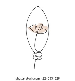 Vector line art light bulb with flower inside continuous drawing illustration. Hand drawn linear silhouette icon. Design element for print, banner, card, wall art poster, brochure, postcard.