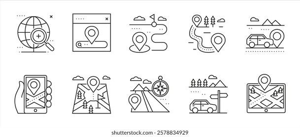 .Vector Line Art Location Icons Set. Symbols in Modern Geometric on Isolated Background.