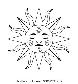 Vector line art of magic sun with face isolated on white background. Celestial illustration for astrological blogs, prints, label, tags.