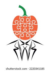Vector line art of man with orange pumpkin jigsaw puzzle head in suit.