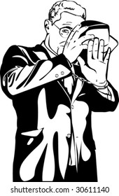 Vector line art of man in scandal isolated on white background.