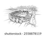 Vector line art of Manchester, England featuring Old Trafford football stadium in the foreground.