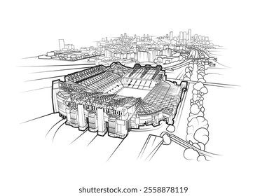 Vector line art of Manchester, England featuring Old Trafford football stadium in the foreground.