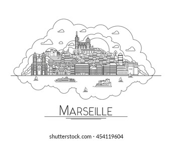 Vector line art Marseille, France, travel landmarks and architecture icon. The most popular tourist destinations, city streets, cathedrals, buildings and symbols in one illustration