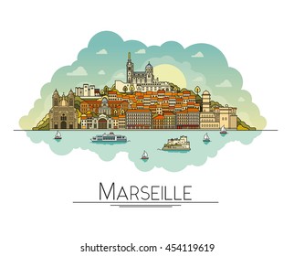 Vector line art Marseille, France, travel landmarks and architecture icon. The most popular tourist destinations, city streets, cathedrals, buildings and symbols in one illustration