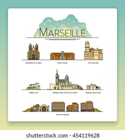 Vector line art Marseille, France, travel landmarks and architecture icon set. The most popular tourist destinations, streets, cathedrals, buildings, symbols of the city