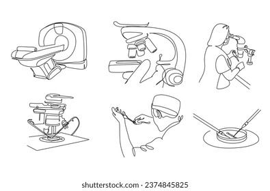 Vector Line art medical and medicine laboratory with  microscope, tomography, pipette, science doctor. Bioengineering line drawing minimalist illustration. Infertility, egg fertilization