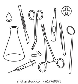 Vector line art medical tools equipment set isolated on white background