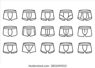 Vector line art men boxer brief underwear icon bundle for apparel store, fashion template and garment design