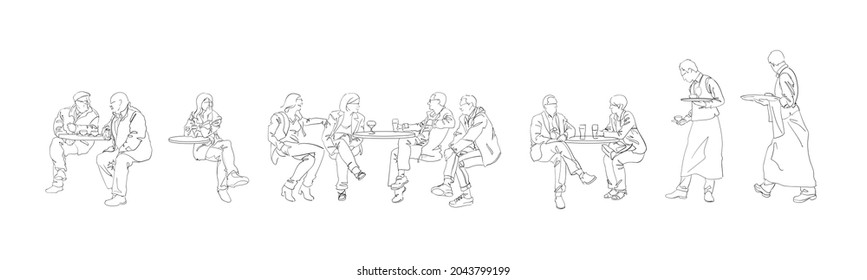Vector line art men   women sitting   talking cafe tables and drinks  Illustration french cafe atmosphere   waiters and aprons 