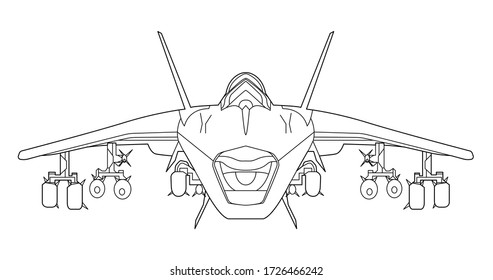 Vector line art military plane, concept design. Airplane black contour outline sketch illustration isolated on white background. Stroke without fill. Cower drawing. Black-white icon. Vehicle. Graphic