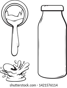 Vector line art of milk bottle, milk splash, drop, vector hand drawn illustration objects of milk